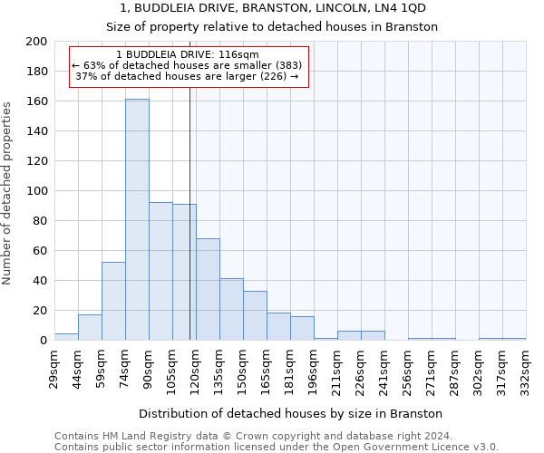 1, BUDDLEIA DRIVE, BRANSTON, LINCOLN, LN4 1QD: Size of property relative to detached houses in Branston