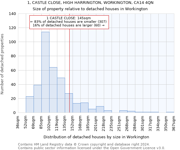 1, CASTLE CLOSE, HIGH HARRINGTON, WORKINGTON, CA14 4QN: Size of property relative to detached houses in Workington