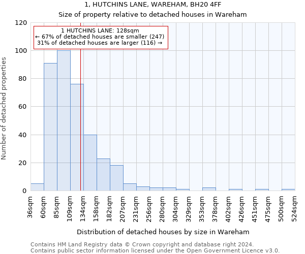 1, HUTCHINS LANE, WAREHAM, BH20 4FF: Size of property relative to detached houses in Wareham