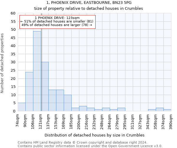 1, PHOENIX DRIVE, EASTBOURNE, BN23 5PG: Size of property relative to detached houses in Crumbles