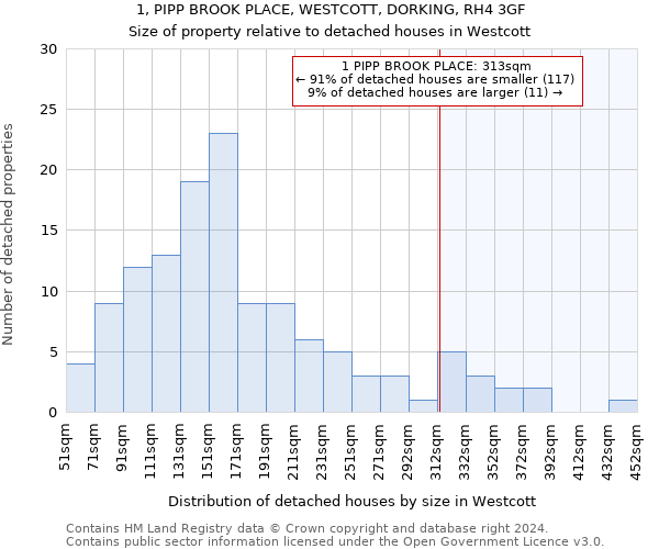 1, PIPP BROOK PLACE, WESTCOTT, DORKING, RH4 3GF: Size of property relative to detached houses in Westcott