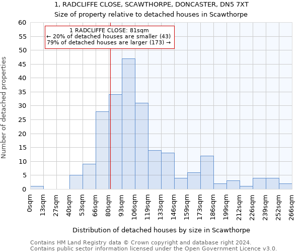 1, RADCLIFFE CLOSE, SCAWTHORPE, DONCASTER, DN5 7XT: Size of property relative to detached houses in Scawthorpe