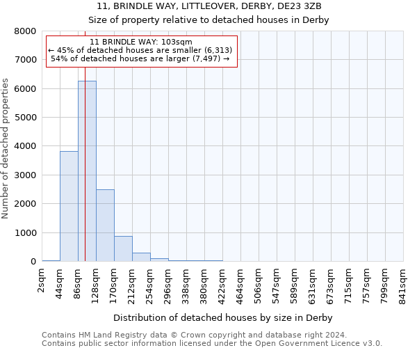 11, BRINDLE WAY, LITTLEOVER, DERBY, DE23 3ZB: Size of property relative to detached houses in Derby