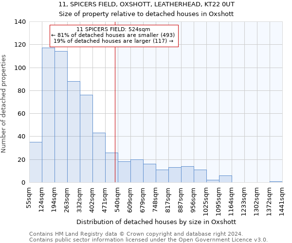 11, SPICERS FIELD, OXSHOTT, LEATHERHEAD, KT22 0UT: Size of property relative to detached houses in Oxshott