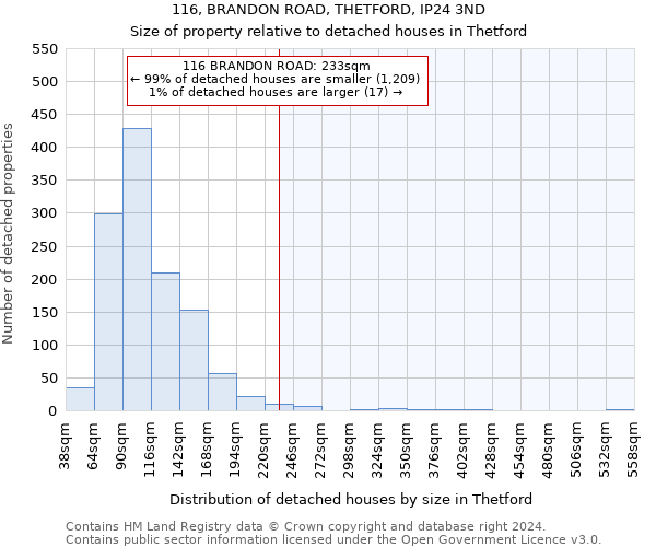 116, BRANDON ROAD, THETFORD, IP24 3ND: Size of property relative to detached houses in Thetford