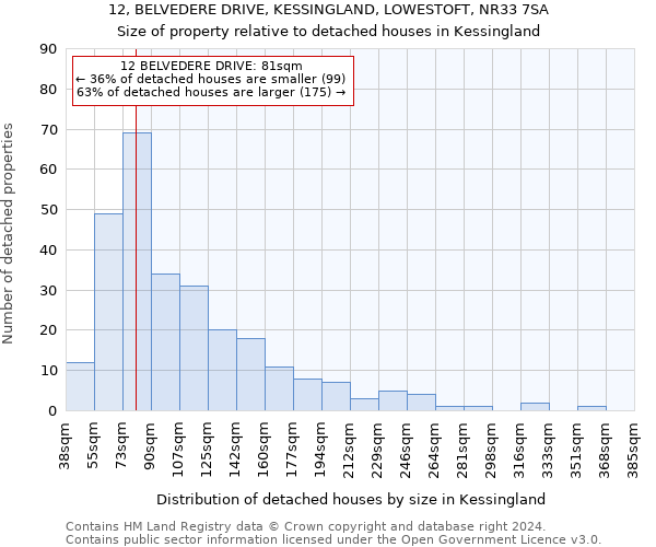 12, BELVEDERE DRIVE, KESSINGLAND, LOWESTOFT, NR33 7SA: Size of property relative to detached houses in Kessingland