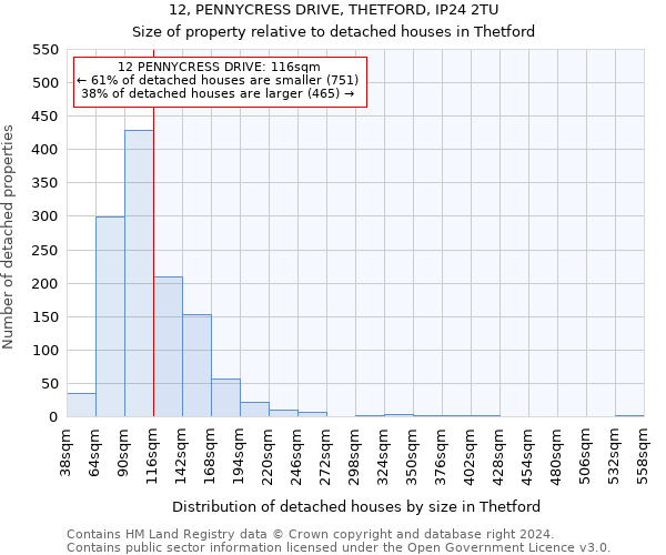 12, PENNYCRESS DRIVE, THETFORD, IP24 2TU: Size of property relative to detached houses in Thetford