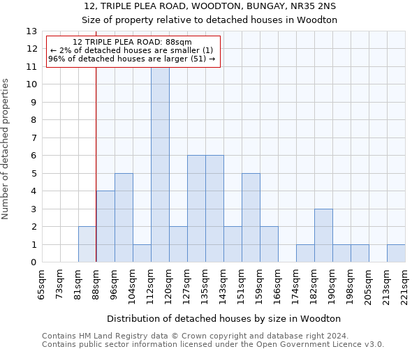 12, TRIPLE PLEA ROAD, WOODTON, BUNGAY, NR35 2NS: Size of property relative to detached houses in Woodton