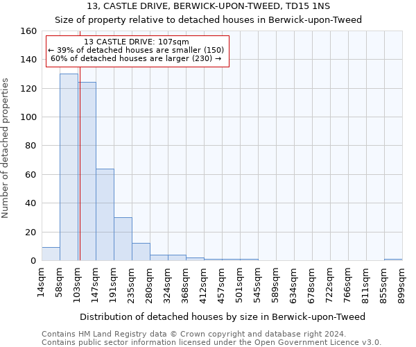 13, CASTLE DRIVE, BERWICK-UPON-TWEED, TD15 1NS: Size of property relative to detached houses in Berwick-upon-Tweed