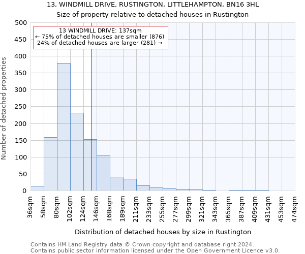13, WINDMILL DRIVE, RUSTINGTON, LITTLEHAMPTON, BN16 3HL: Size of property relative to detached houses in Rustington