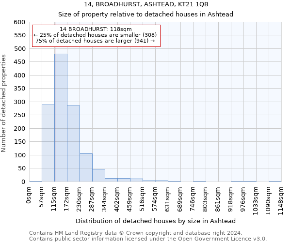 14, BROADHURST, ASHTEAD, KT21 1QB: Size of property relative to detached houses in Ashtead
