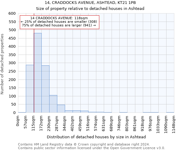 14, CRADDOCKS AVENUE, ASHTEAD, KT21 1PB: Size of property relative to detached houses in Ashtead