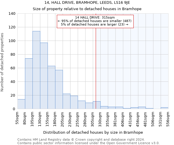 14, HALL DRIVE, BRAMHOPE, LEEDS, LS16 9JE: Size of property relative to detached houses in Bramhope