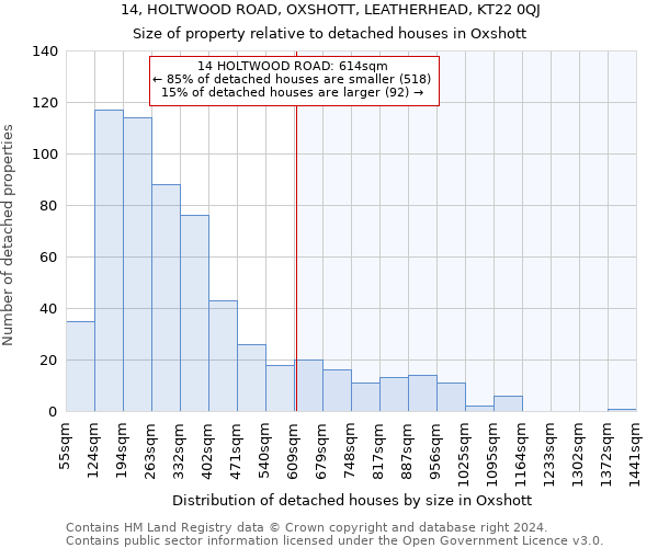 14, HOLTWOOD ROAD, OXSHOTT, LEATHERHEAD, KT22 0QJ: Size of property relative to detached houses in Oxshott