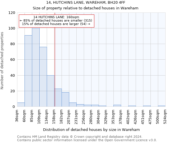 14, HUTCHINS LANE, WAREHAM, BH20 4FF: Size of property relative to detached houses in Wareham
