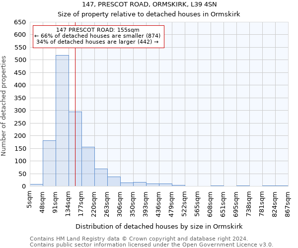 147, PRESCOT ROAD, ORMSKIRK, L39 4SN: Size of property relative to detached houses in Ormskirk