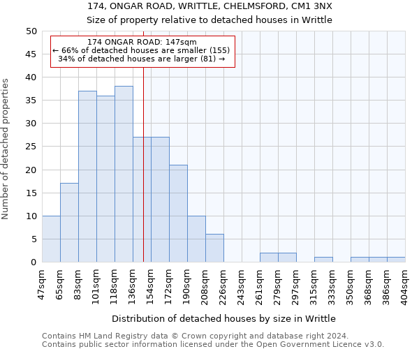 174, ONGAR ROAD, WRITTLE, CHELMSFORD, CM1 3NX: Size of property relative to detached houses in Writtle