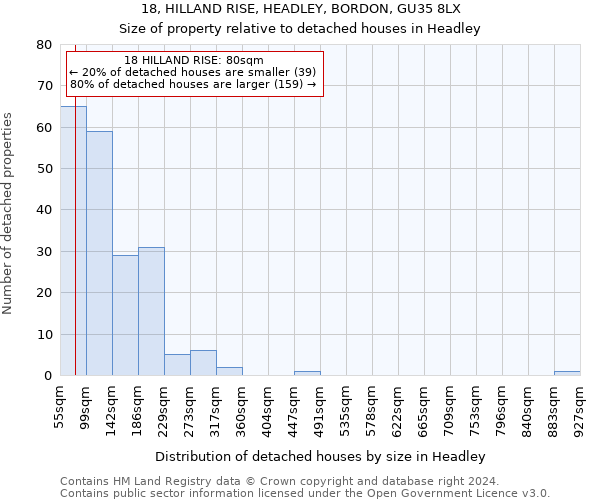 18, HILLAND RISE, HEADLEY, BORDON, GU35 8LX: Size of property relative to detached houses in Headley