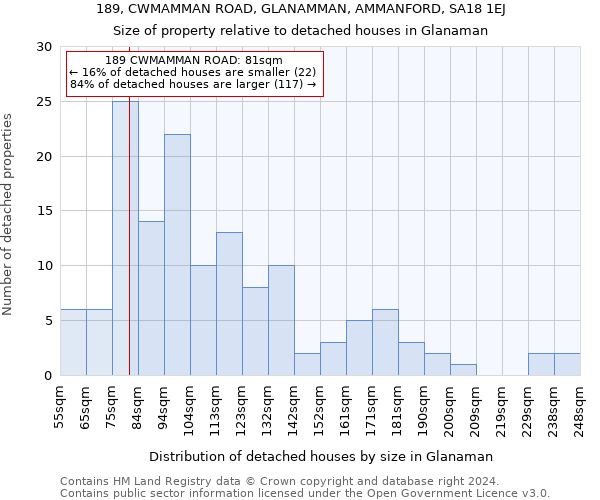 189, CWMAMMAN ROAD, GLANAMMAN, AMMANFORD, SA18 1EJ: Size of property relative to detached houses in Glanaman