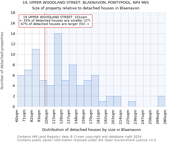 19, UPPER WOODLAND STREET, BLAENAVON, PONTYPOOL, NP4 9NS: Size of property relative to detached houses in Blaenavon