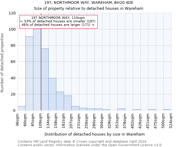 197, NORTHMOOR WAY, WAREHAM, BH20 4DE: Size of property relative to detached houses in Wareham