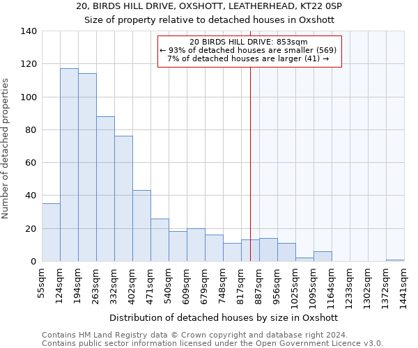 20, BIRDS HILL DRIVE, OXSHOTT, LEATHERHEAD, KT22 0SP: Size of property relative to detached houses in Oxshott