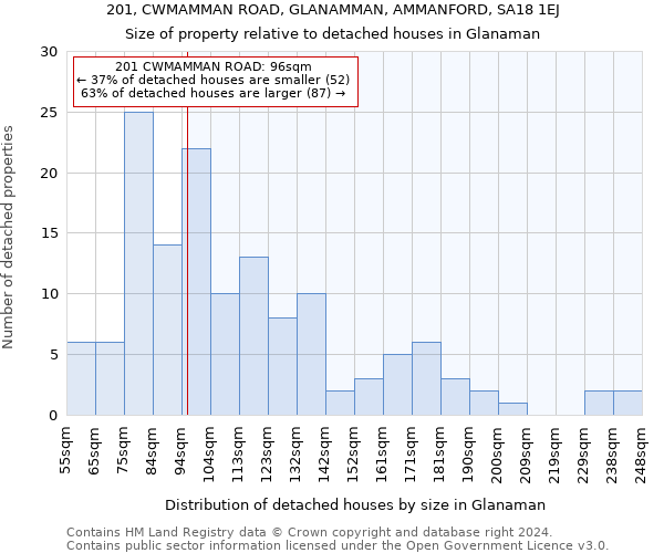 201, CWMAMMAN ROAD, GLANAMMAN, AMMANFORD, SA18 1EJ: Size of property relative to detached houses in Glanaman