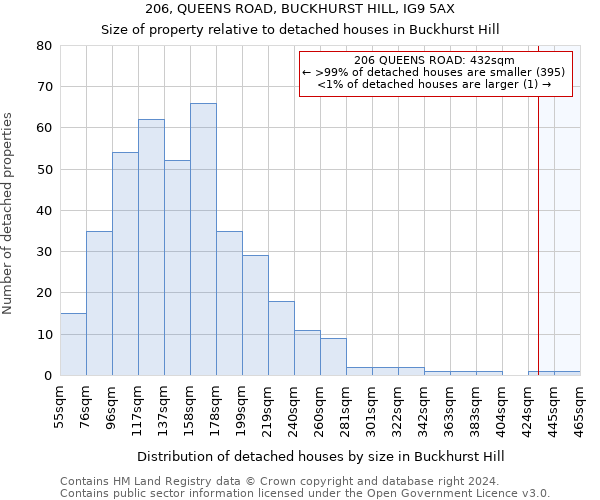 206, QUEENS ROAD, BUCKHURST HILL, IG9 5AX: Size of property relative to detached houses in Buckhurst Hill