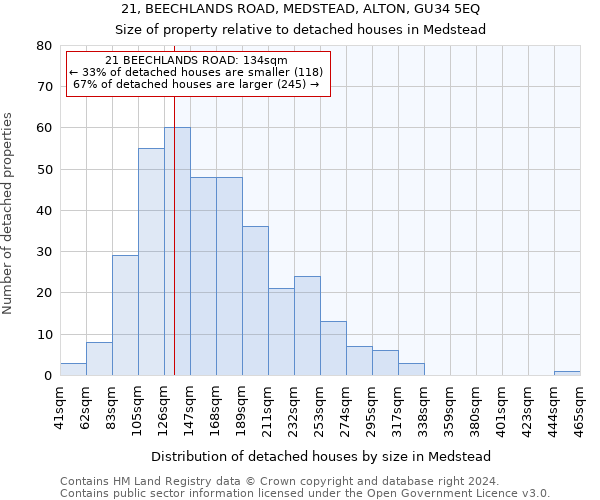 21, BEECHLANDS ROAD, MEDSTEAD, ALTON, GU34 5EQ: Size of property relative to detached houses in Medstead