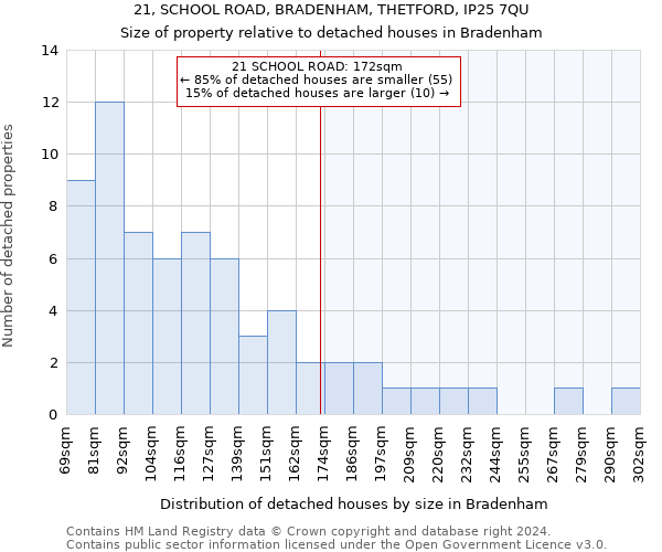 21, SCHOOL ROAD, BRADENHAM, THETFORD, IP25 7QU: Size of property relative to detached houses in Bradenham