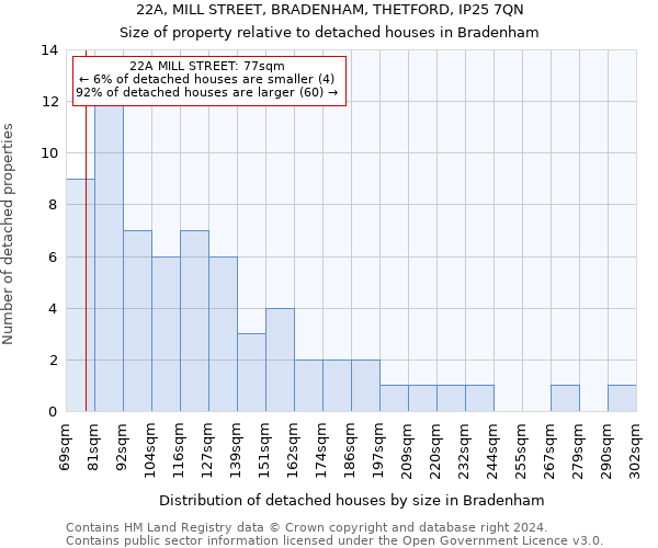 22A, MILL STREET, BRADENHAM, THETFORD, IP25 7QN: Size of property relative to detached houses in Bradenham