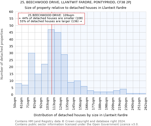 25, BEECHWOOD DRIVE, LLANTWIT FARDRE, PONTYPRIDD, CF38 2PJ: Size of property relative to detached houses in Llantwit Fardre