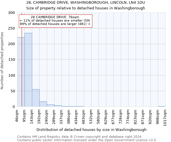 28, CAMBRIDGE DRIVE, WASHINGBOROUGH, LINCOLN, LN4 1DU: Size of property relative to detached houses in Washingborough