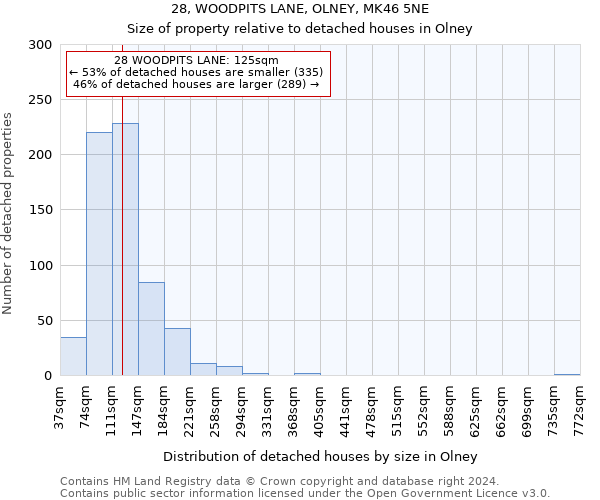 28, WOODPITS LANE, OLNEY, MK46 5NE: Size of property relative to detached houses in Olney