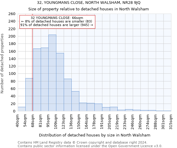 32, YOUNGMANS CLOSE, NORTH WALSHAM, NR28 9JQ: Size of property relative to detached houses in North Walsham