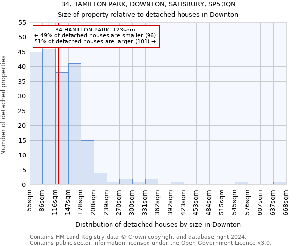 34, HAMILTON PARK, DOWNTON, SALISBURY, SP5 3QN: Size of property relative to detached houses in Downton