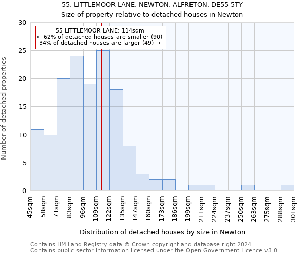 55, LITTLEMOOR LANE, NEWTON, ALFRETON, DE55 5TY: Size of property relative to detached houses in Newton