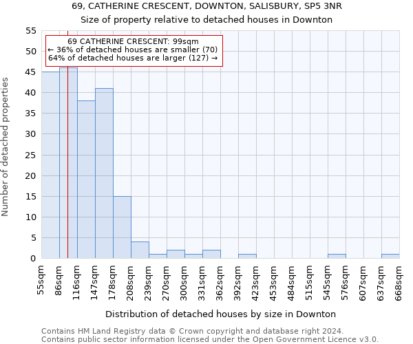 69, CATHERINE CRESCENT, DOWNTON, SALISBURY, SP5 3NR: Size of property relative to detached houses in Downton