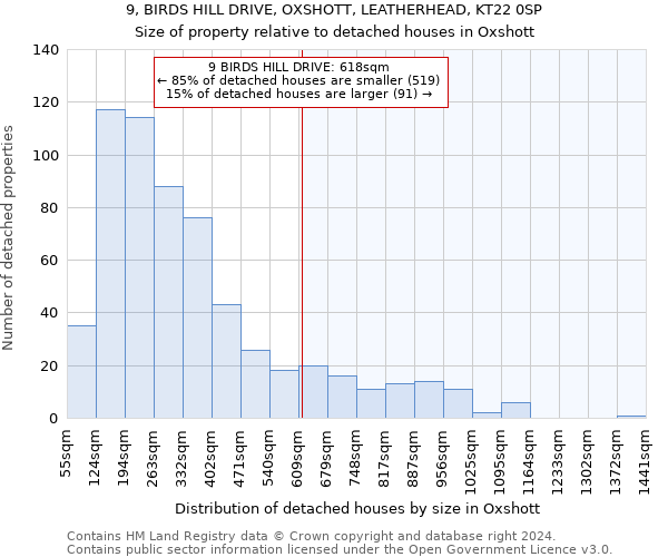 9, BIRDS HILL DRIVE, OXSHOTT, LEATHERHEAD, KT22 0SP: Size of property relative to detached houses in Oxshott