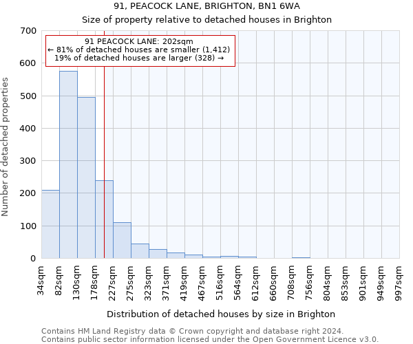 91, PEACOCK LANE, BRIGHTON, BN1 6WA: Size of property relative to detached houses in Brighton