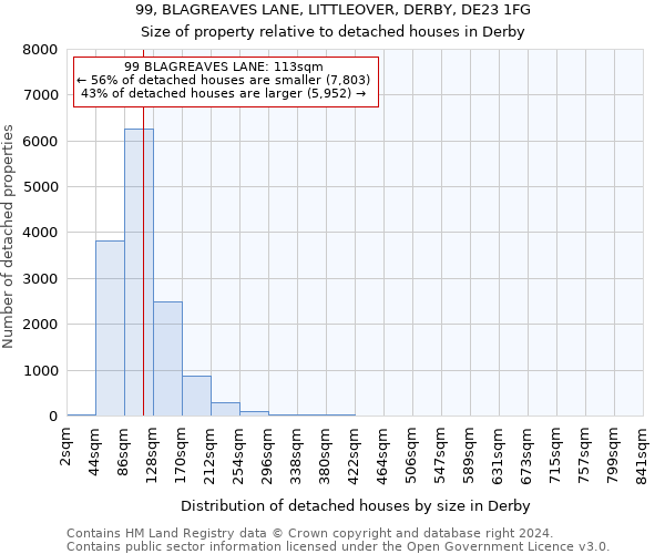 99, BLAGREAVES LANE, LITTLEOVER, DERBY, DE23 1FG: Size of property relative to detached houses in Derby