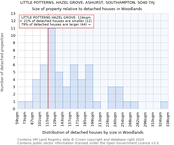 LITTLE POTTERNS, HAZEL GROVE, ASHURST, SOUTHAMPTON, SO40 7AJ: Size of property relative to detached houses in Woodlands
