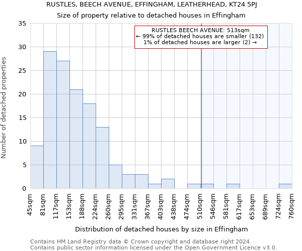 RUSTLES, BEECH AVENUE, EFFINGHAM, LEATHERHEAD, KT24 5PJ: Size of property relative to detached houses in Effingham