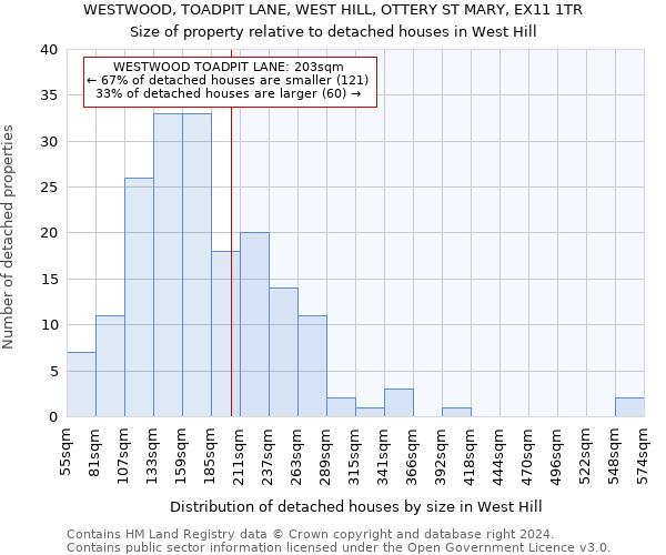 WESTWOOD, TOADPIT LANE, WEST HILL, OTTERY ST MARY, EX11 1TR: Size of property relative to detached houses in West Hill