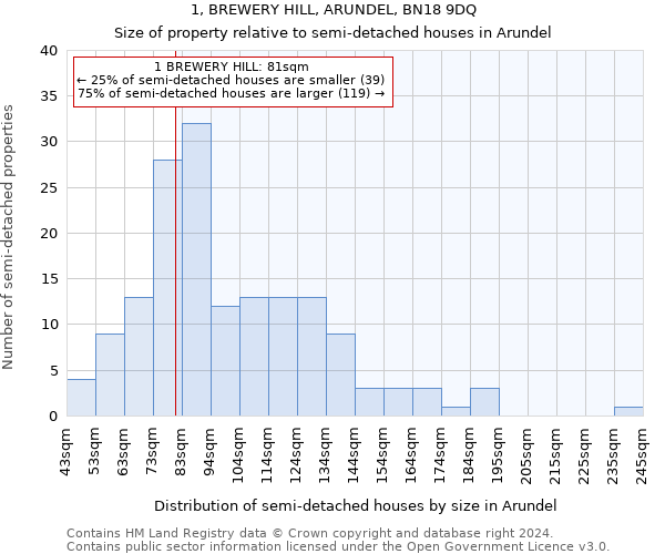1, BREWERY HILL, ARUNDEL, BN18 9DQ: Size of property relative to detached houses in Arundel