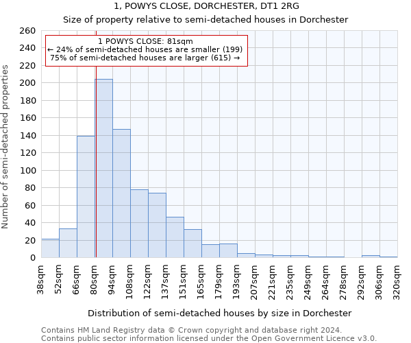 1, POWYS CLOSE, DORCHESTER, DT1 2RG: Size of property relative to detached houses in Dorchester