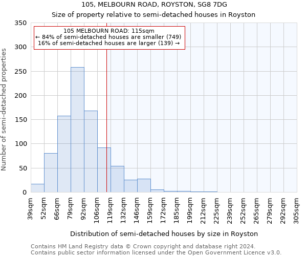 105, MELBOURN ROAD, ROYSTON, SG8 7DG: Size of property relative to detached houses in Royston