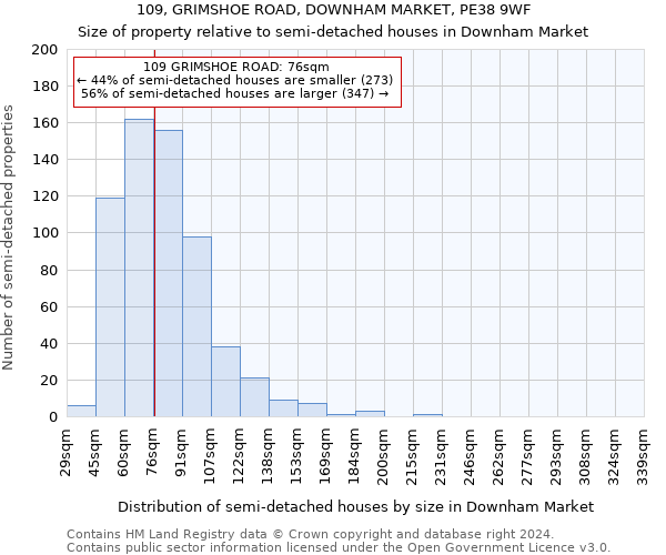 109, GRIMSHOE ROAD, DOWNHAM MARKET, PE38 9WF: Size of property relative to detached houses in Downham Market