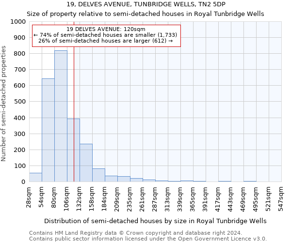 19, DELVES AVENUE, TUNBRIDGE WELLS, TN2 5DP: Size of property relative to detached houses in Royal Tunbridge Wells