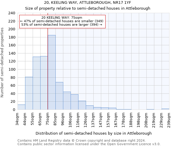 20, KEELING WAY, ATTLEBOROUGH, NR17 1YF: Size of property relative to detached houses in Attleborough